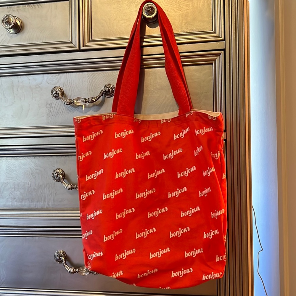 Bando red french canvas tote bag purse Bonjour